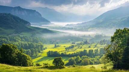 Obraz premium A beautiful mountain landscape with a foggy mist in the air. The sky is cloudy and the sun is shining through the clouds. The scene is peaceful and serene