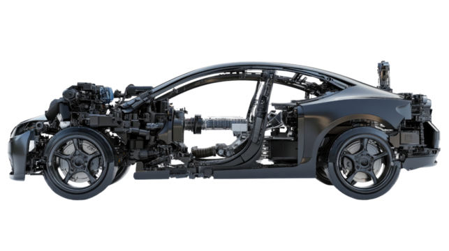 Automotive Anatomy: A detailed view of a modern car's chassis, revealing the intricate network of components and systems that bring it to life.