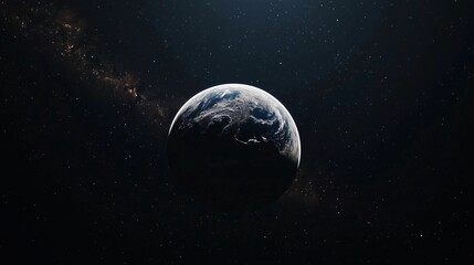 A black and white photo of a planet in space. The planet is surrounded by a dark background with a few stars scattered throughout