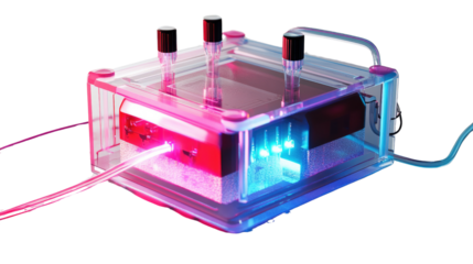 Futuristic Lab Device: A high-tech lab device glows with vibrant hues, showcasing intricate technology and innovation, perfect for science and research themes.