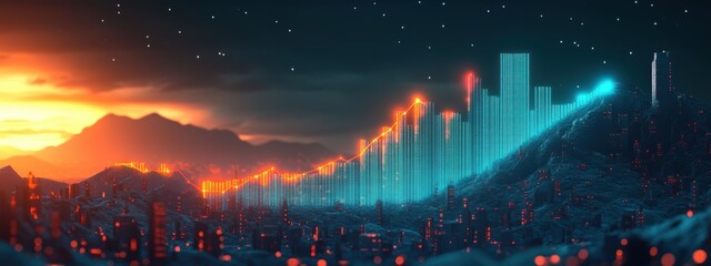 Futuristic Cityscape Financial Growth Chart at Sunset