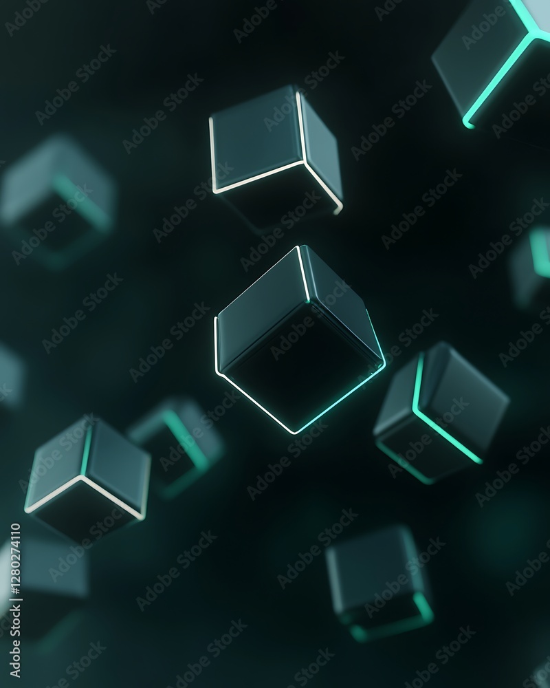 Poster high-resolution 3d render depicting interconnected floating objects in an artistic design.