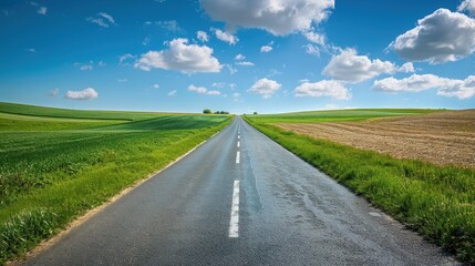 Fototapeta premium A Scenic Road Leading Through Lush Green Fields to the Horizon