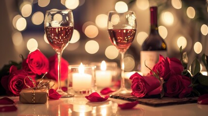 A Romantic Dinner Setting with Candlelight, Wine, and Roses