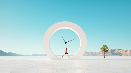 Runner in a clock frame desert landscape digital art bright environment dynamic concept