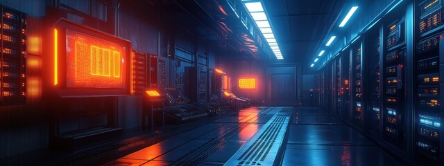 Futuristic Cryptocurrency Mining Farm Neon Lights Server Room Digital Technology