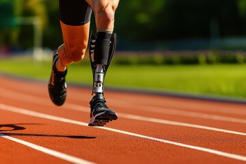 Fototapeta premium Empowered athlete with a prosthetic leg running on a track sports arena action shot inspiring environment dynamic viewpoint celebrating disability and resilience