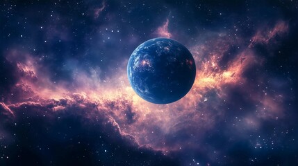 A blue planet is floating in the middle of a cloudy sky. The sky is filled with stars and the planet is surrounded by a lot of space