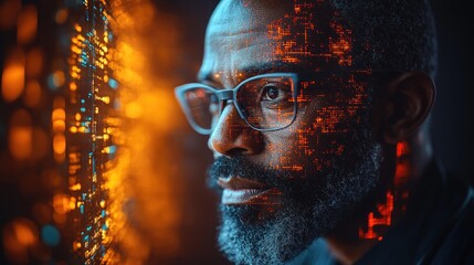 A thoughtful man with glasses, his face overlaid with a digital circuit pattern, gazes intently at a glowing technological display.