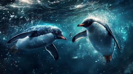 Obraz premium Two Penguins Swimming Underwater in Dark Blue Ocean