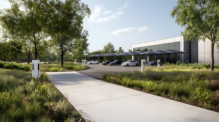 High-tech corporate campus featuring multiple electric vehicles and modern architecture.