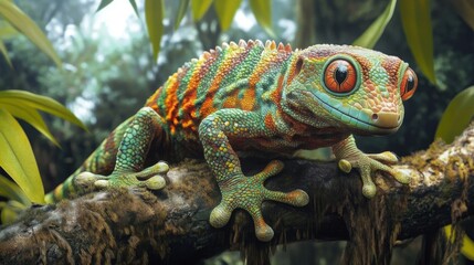 Colorful Gecko on a Rainforest Branch
