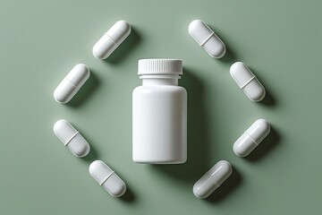 White pill bottle with capsules arranged in circular symmetry, medical concept, minimalist pharmaceutical design


