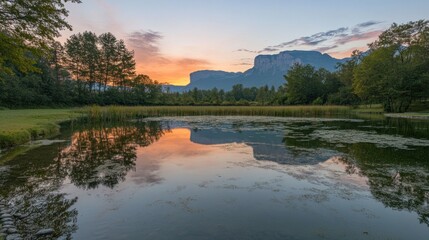Obraz premium Calm lake reflecting sunset and mountain silhouettes.