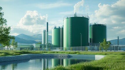 Obraz premium Green energy plant reflecting in water, mountains background, sustainable technology