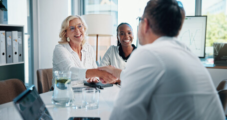Business people, meeting and shaking hands with investor for deal, financial agreement and company funding. Happy group, manager and handshake for support, thank you or venture capital acquisition
