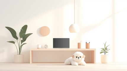Cozy minimalist workspace with cute dog home office digital art bright environment