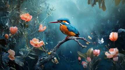 Fototapeta premium Vibrant Kingfisher Perched on Branch Amidst Peach Blossoms