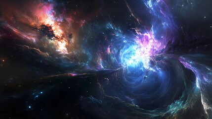 A colorful galaxy with a blue spiral in the middle. The galaxy is filled with stars and nebulae