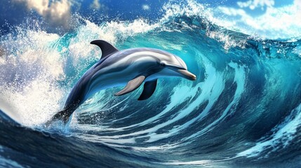 Naklejka premium Striped Dolphin Leaping from Ocean Wave
