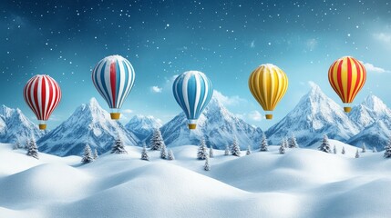 Winterscape journey hot air balloons soars snowy mountain peaks surreal dreamy adventure holiday scenic winter wonderland christmas journey