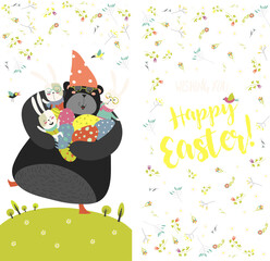 Naklejka premium Greeting card with bunnies,bear and easter eggs