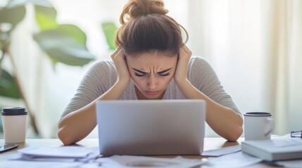Worried user sitting at a desk, gazing at a computer screen with an anxious look. Featuring emotional distress and mental fatigue