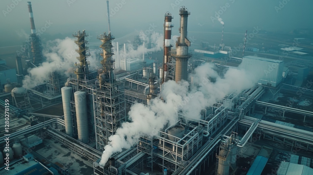 Aufkleber smoke billows from various tall structures of an industrial facility, while pipes and machinery are 