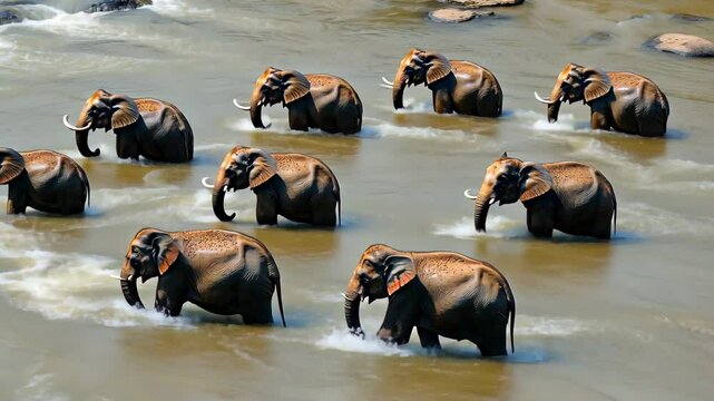 Elephants enjoying a refreshing bath in Maha Oya river at Pinnawala Sri Lanka, Bathing elephants in river Maha Oya in Pinnawala Sri Lanka