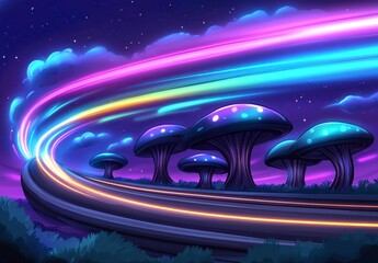 Whimsical Night Landscape With Glowing Mushrooms and Star Trails in Pixel Art