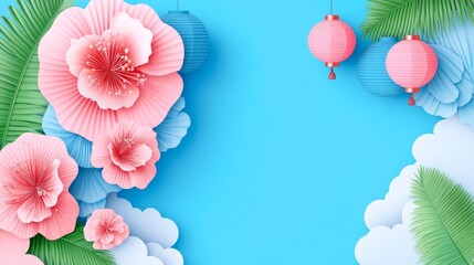 Floral paper art composition with chinese lanterns a festive pastel blue backdrop adorned with delicate flowers for spring celebrations