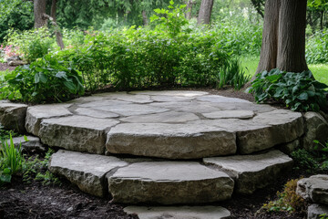 Circular stone patio with lush green plants in the center, surrounded by wooden lounge chairs under a pergola with fairy lights hanging overhead.