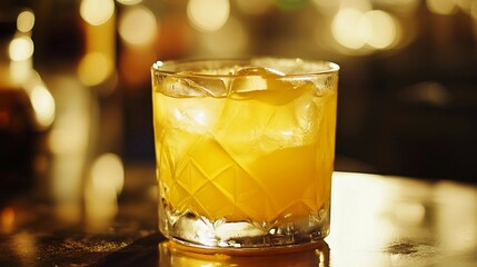 A glass of liquid with ice cubes in it sits on a table. The liquid is yellow and he is a cocktail. Concept of relaxation and enjoyment
