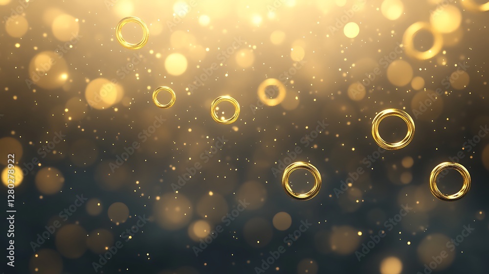 Poster hyper-detailed 3d render of floating golden rings on a vibrant background.