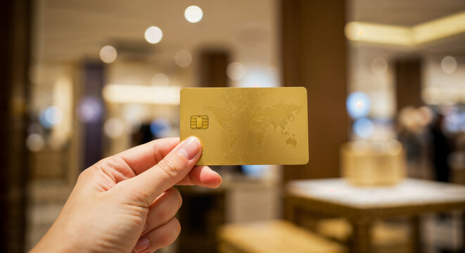 Hand holding a gold card in a luxury store with blurred background of shoppers and elegant displays