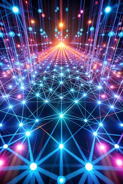 Neon abstract particles floating across a glowing grid of interconnected data points. (2)