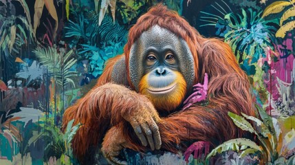 Obraz premium Orangutan Portrait in Vibrant Tropical Jungle Setting