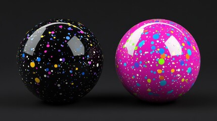 Two glossy spheres with colorful confetti patterns.