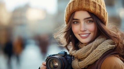 Horizontal banner of smiling young female tourist holding camera, isolated on white background studio 