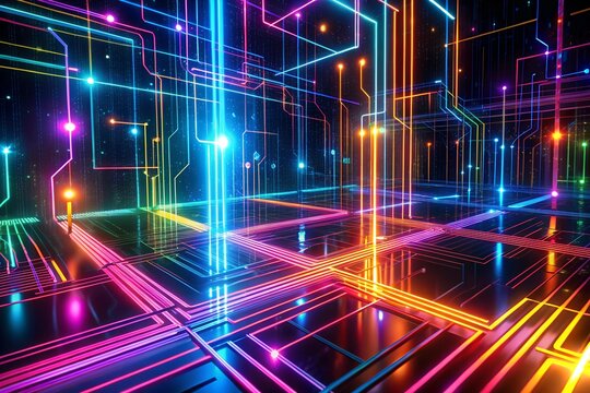 Neon abstract particles floating across a glowing grid of interconnected data points. (3)