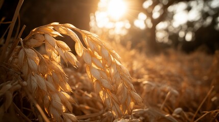 Fototapeta premium Golden Oat Stalks Sunset Field Harvest Agriculture