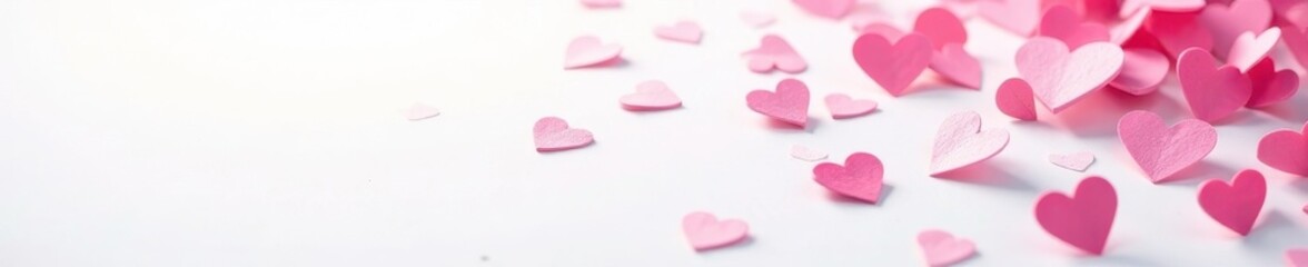 Fototapeta premium Delicate pink heart confetti scattering on white background, pink, texture, image