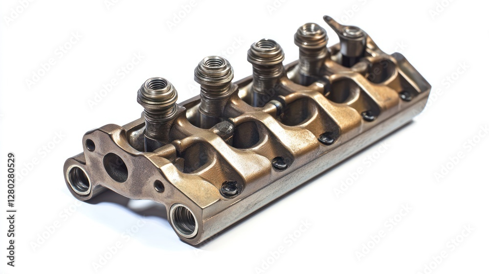 Aufkleber close-up of a bronze-colored engine component, showing intricate details and mechanical parts agains