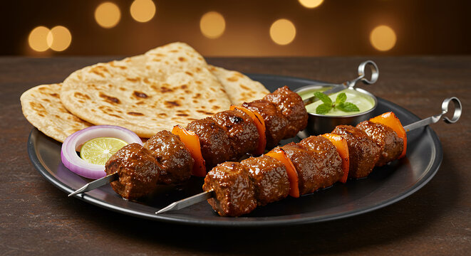 Karachi Style Beef Bihari Boti with Paratha, Grilled Meat Skewers with Bell Peppers and Sauces