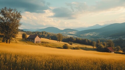 Fototapeta premium A large field of yellow grass with a red barn in the distance. The sky is cloudy and the sun is setting