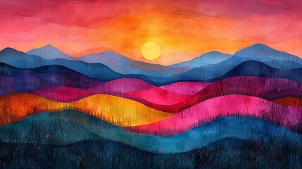 Breathtaking sunset landscape scene mountain range digital art vibrant colors serene atmosphere nature beauty