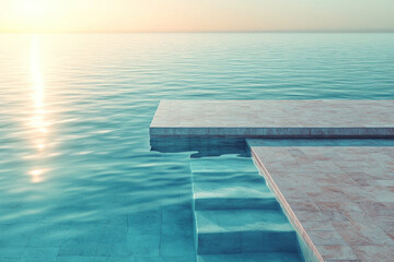 Obraz premium Pool with sun reflection, palm tree shadows, chairs around, and clear blue sky above.