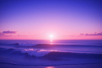 beautiful sunset over ocean with blue purple water and flying birds