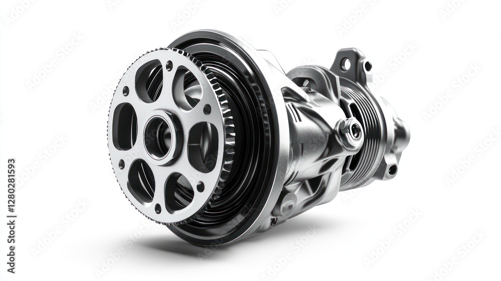 Poster close-up of a complex metallic automotive powertrain component, isolated on white.