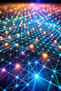 "Neon abstract particles floating across a glowing grid of interconnected data points."